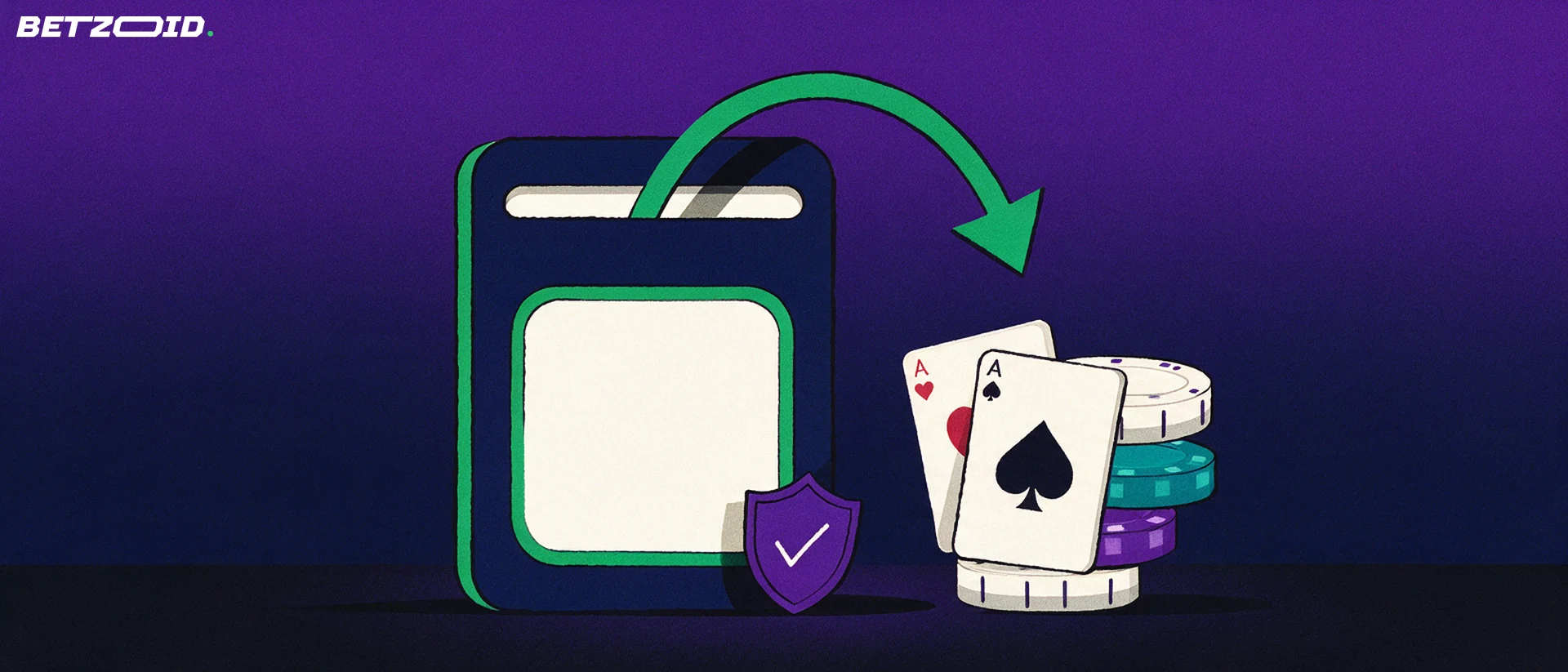 Illustration av en digital plånbok med en grön pil som för in pengar till en stapel casinomarker och spelkort.