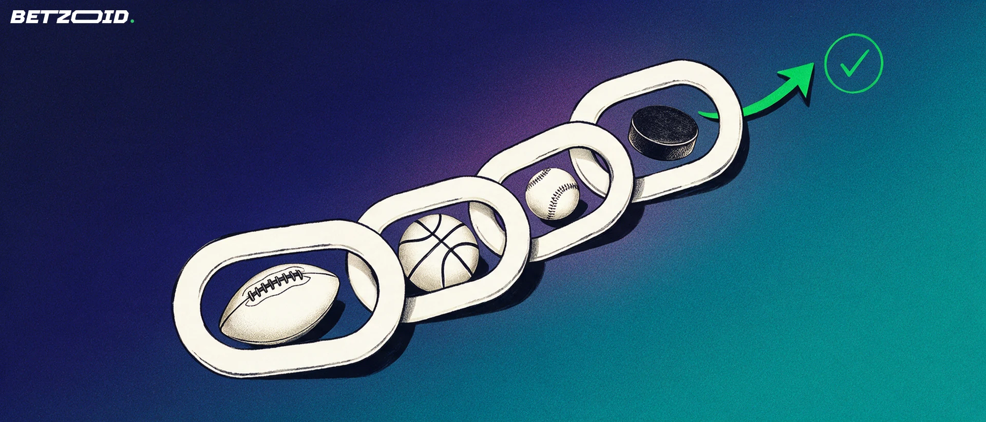 Illustration of four chain links holding an American football, basketball, baseball and hockey puck, ending in a green arrow and a check mark.