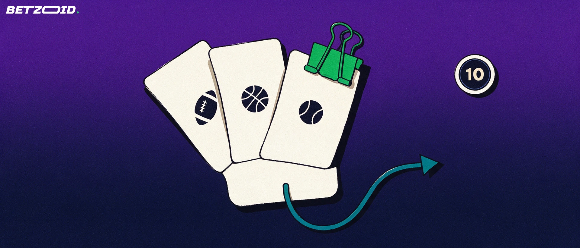 Overhead illustration of three sport-marked betting slips clipped together into one combined slip, with an arrow and a small badge reading 10.