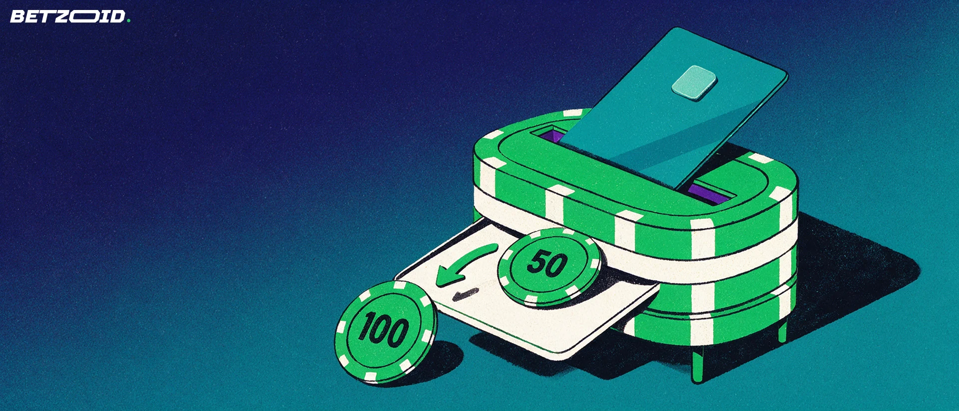 Illustration of a blank payment card sliding into a casino cashier console made of stacked chips, with chips rolling out of its tray