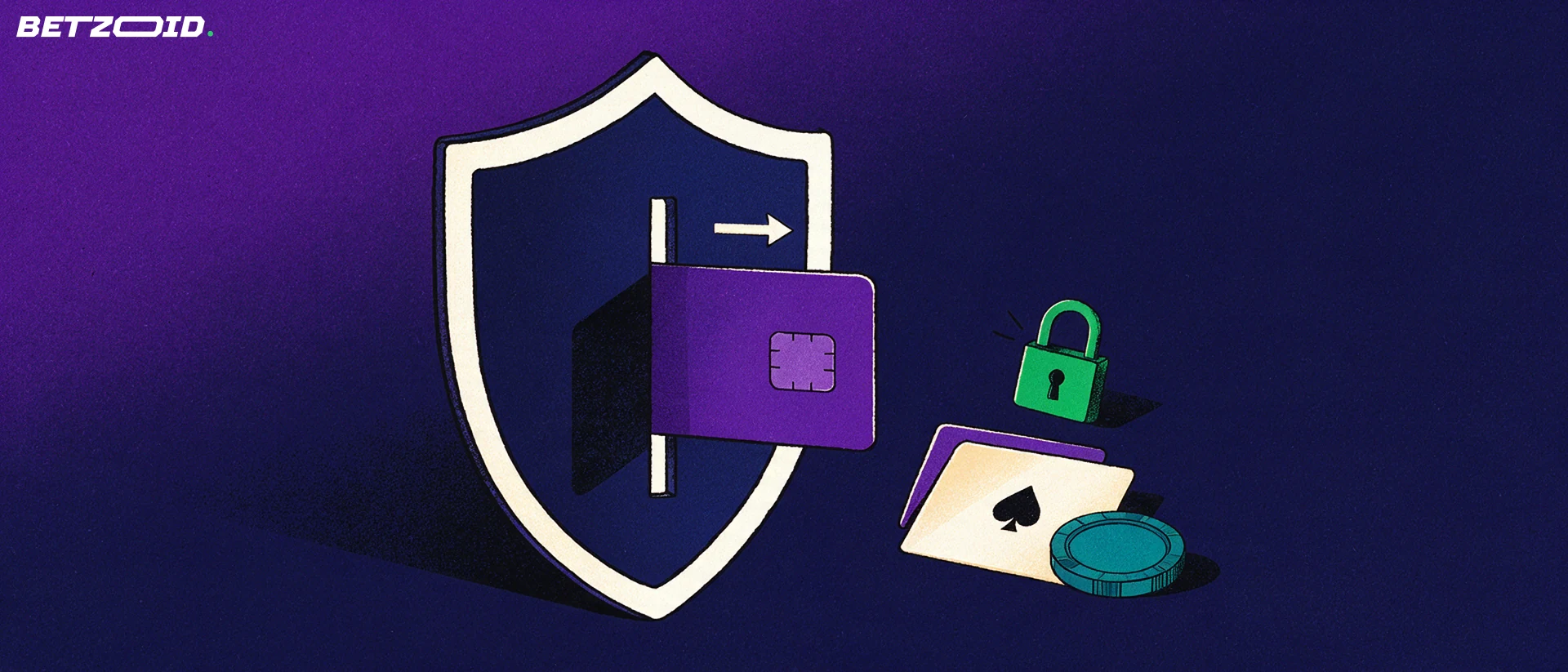 Illustration of a blank payment card passing through a slit in a protective shield next to a padlock, two playing cards and a casino chip
