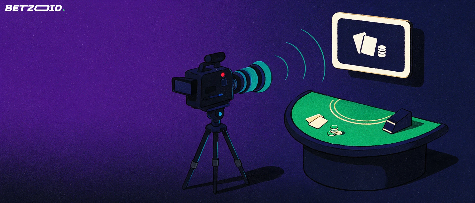 Illustration of a studio camera filming a live dealer card table with cards and chips, streaming to a floating screen.