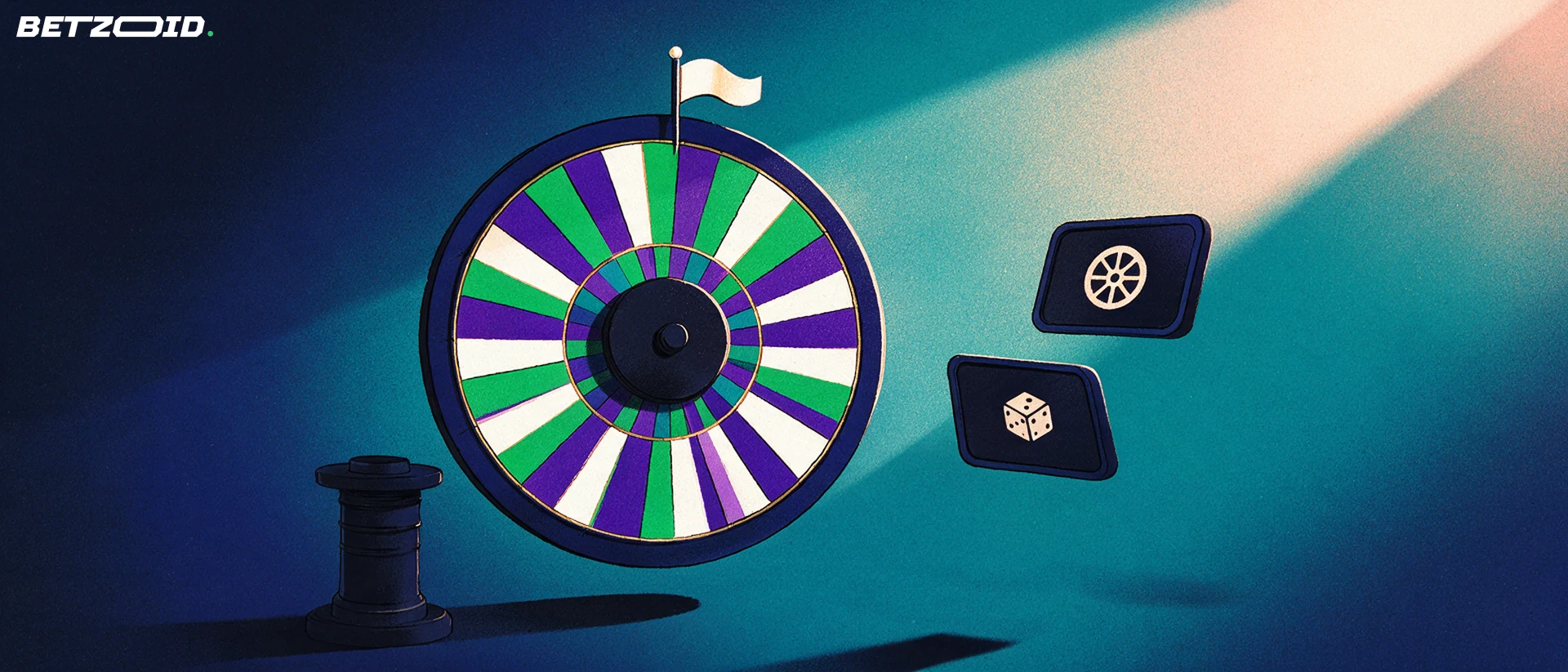 Illustration of a large upright segmented game-show wheel under a spotlight with two small screens showing game symbols.