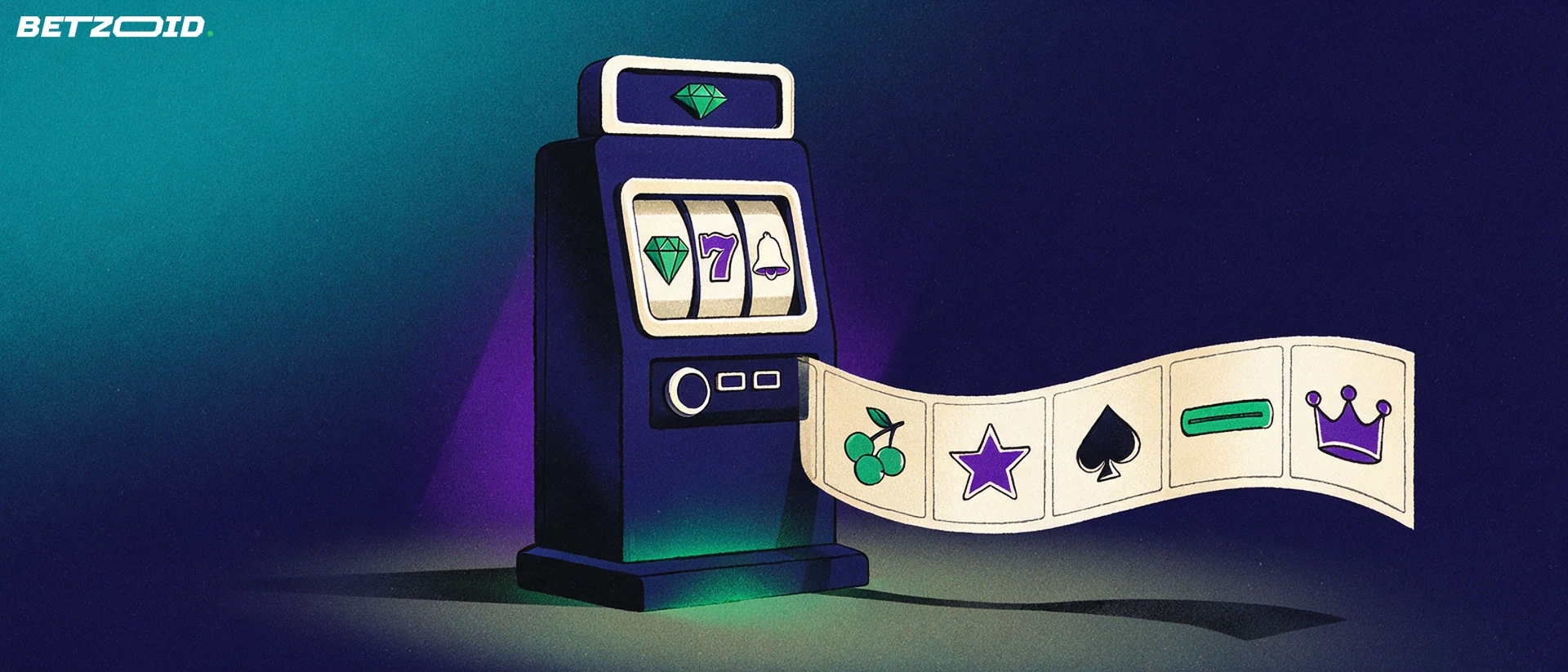 Illustration of a slot machine cabinet with three reel symbols and a long reel strip of additional game symbols unspooling beside it