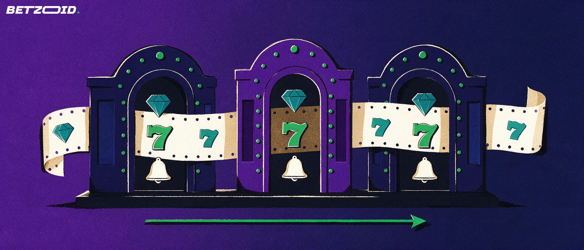 Illustration of three arched casino entrances linked by one reel strip showing identical slot symbols inside each archway