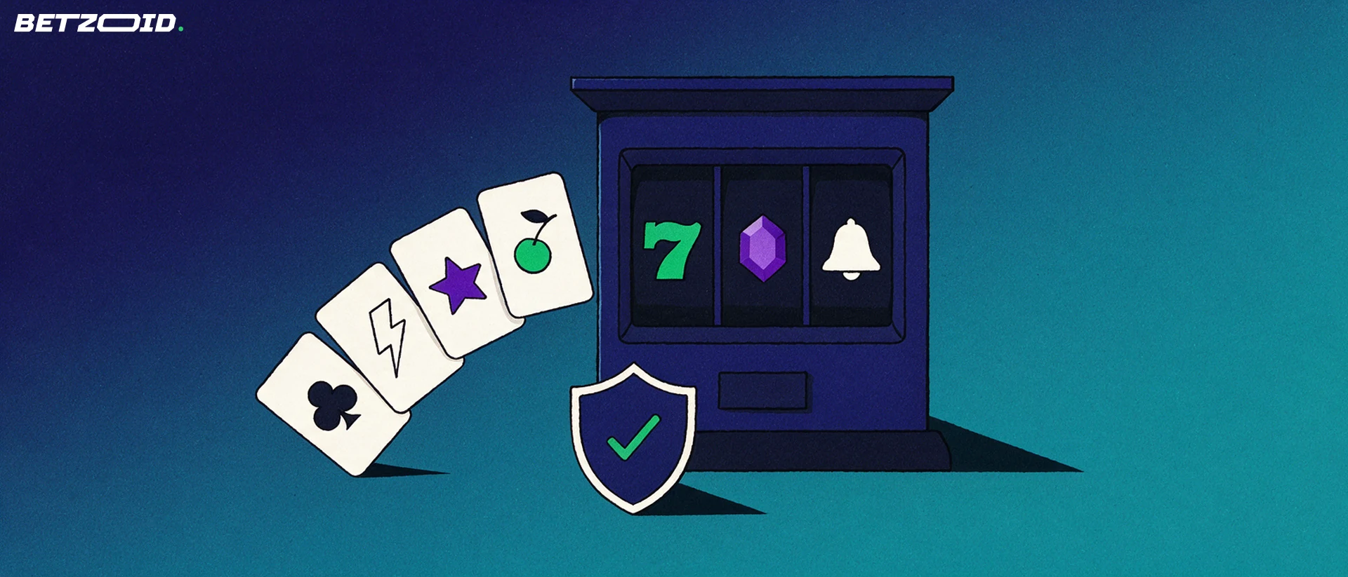 Illustration of a slot machine cabinet with three symbol reels, a fan of game tiles and a shield with a check mark.