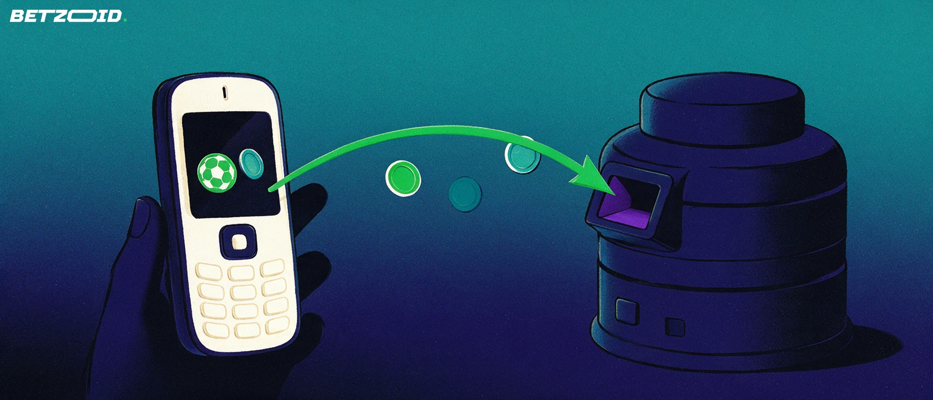 Illustration of a hand holding a phone showing a football and coin symbol, with an arrow carrying coins into a payment slot