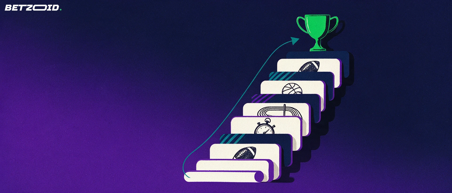 Illustration of stacked betting market cards with sport symbols forming a staircase leading up to a trophy cup