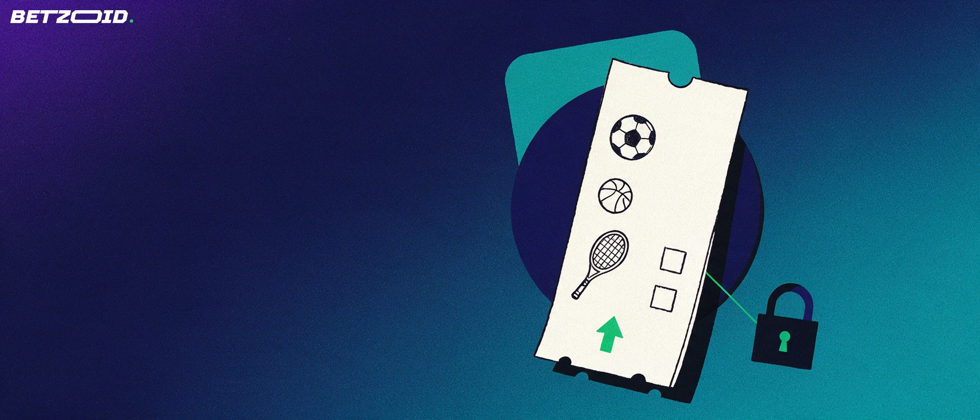 Illustration of a betting slip marked with football, basketball and tennis symbols beside a small padlock icon