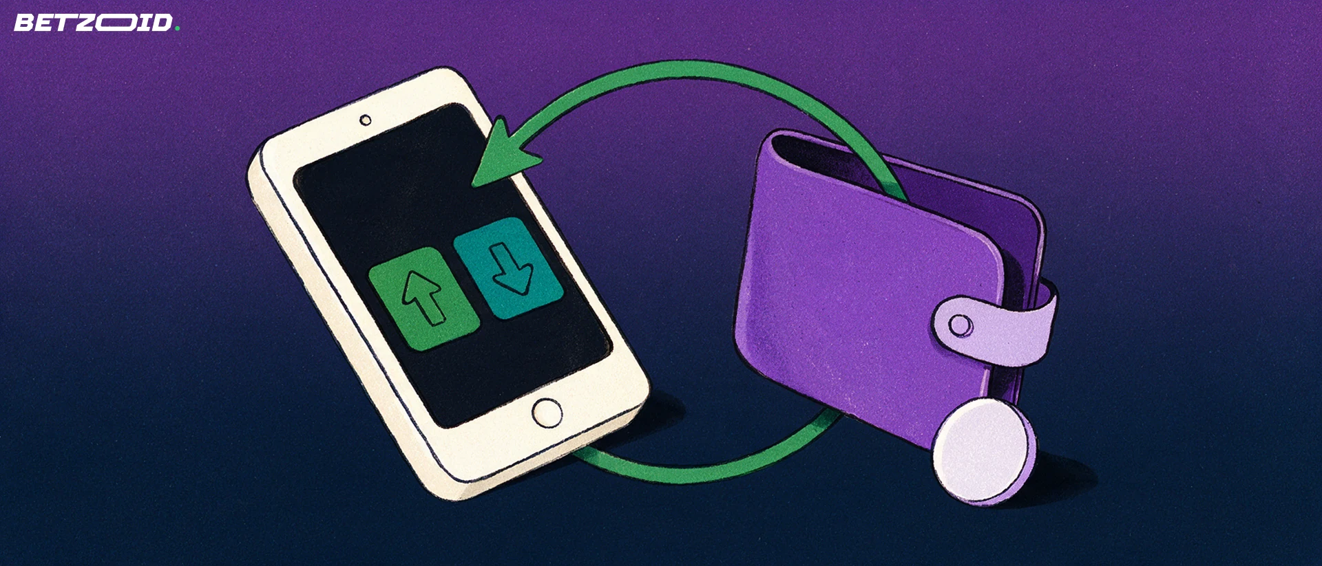 Illustration of a smartphone with up and down arrows linked by a curved arrow to an open wallet, showing deposit and withdrawal flow