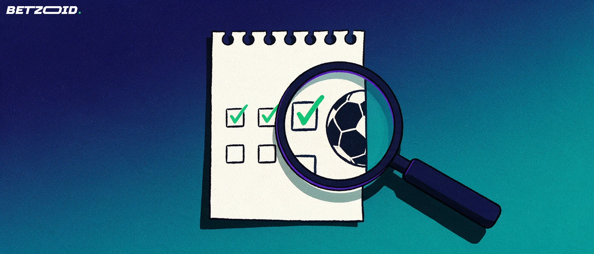 Illustration of a magnifying glass examining a paper betting slip marked with check symbols and a football icon
