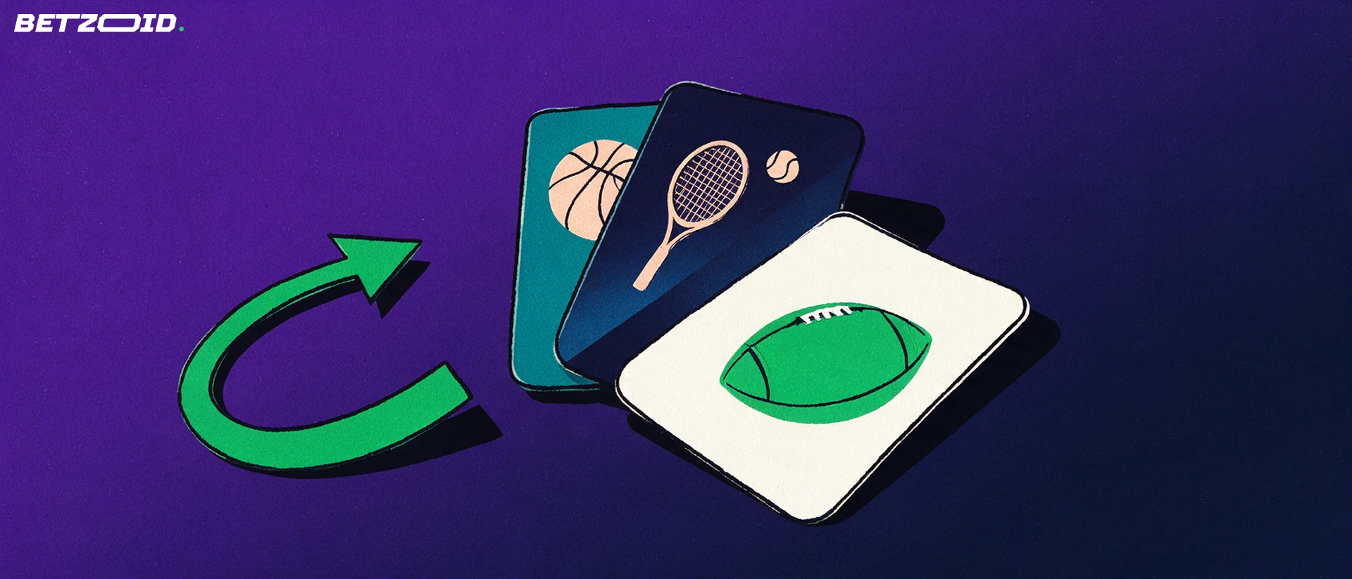 Illustration of three fanned betting cards showing football, basketball and tennis symbols with a rising green arrow