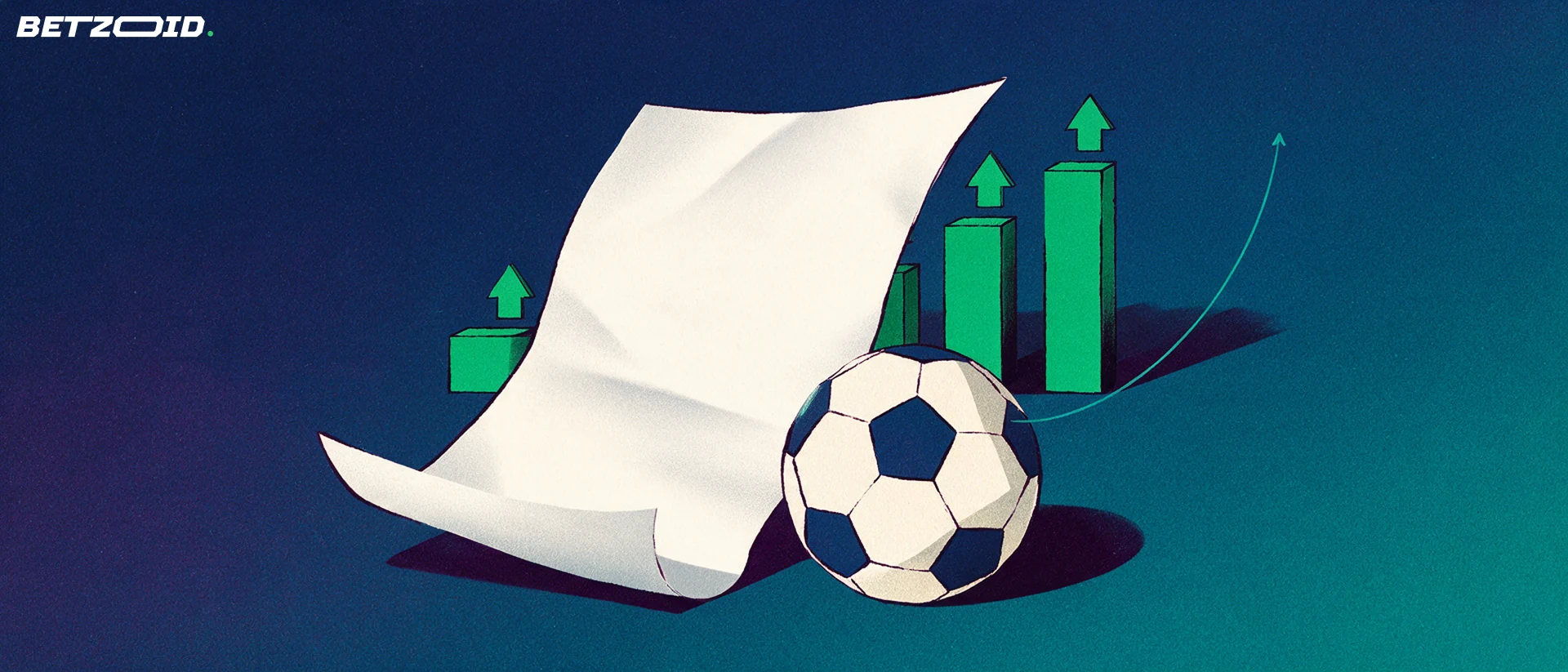 Illustration of a blank paper betting slip with a football and rising bars topped by upward arrows.