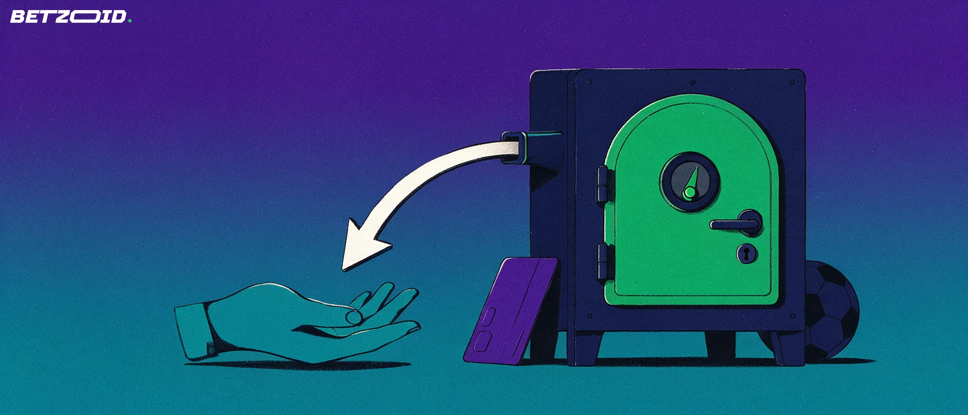 Illustration of a strongbox with an arrow curving from its chute toward an open empty hand, beside a bank card and a small football.