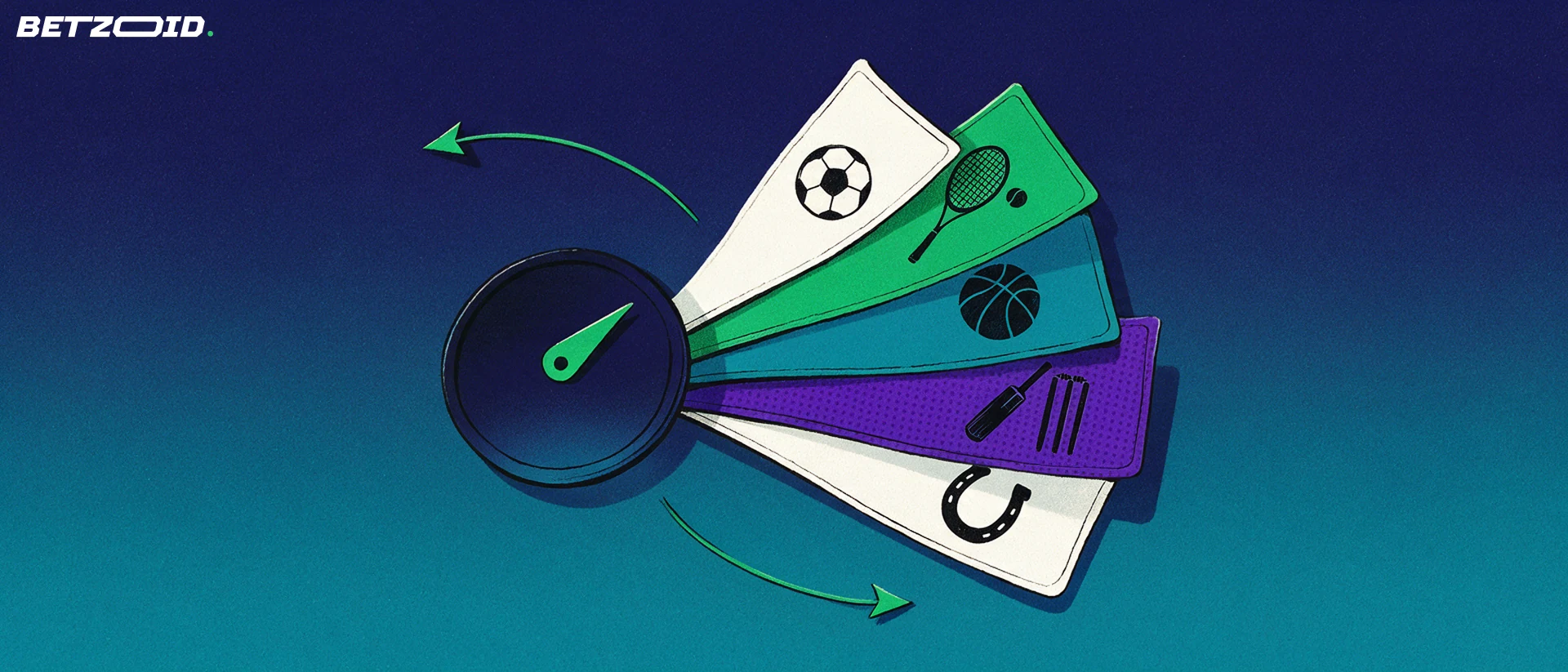 Illustration of a fan of betting slips with simple sport symbols spreading from a small dial, showing a range of betting markets.