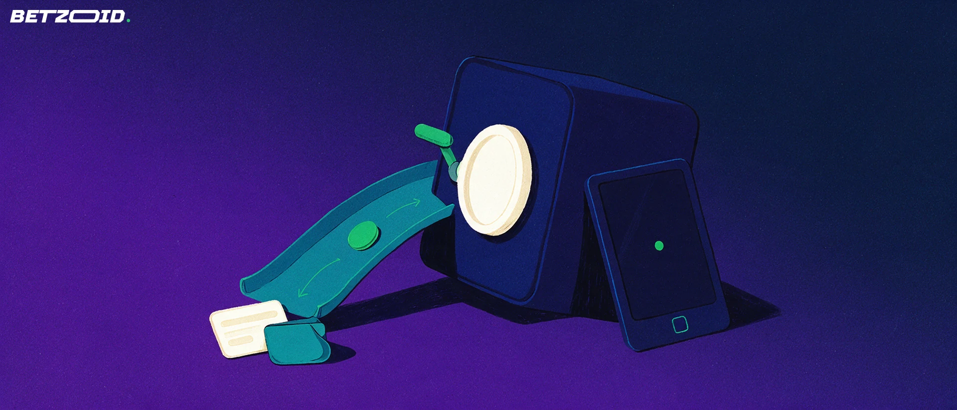 Illustration of a strongbox with a ramp guiding a single token toward a bank card and wallet, next to a small device showing a ball symbol.