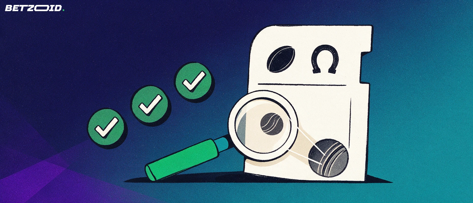 Illustration of a magnifying glass inspecting an unbranded betting slip marked with sport symbols beside rising checkmarks.