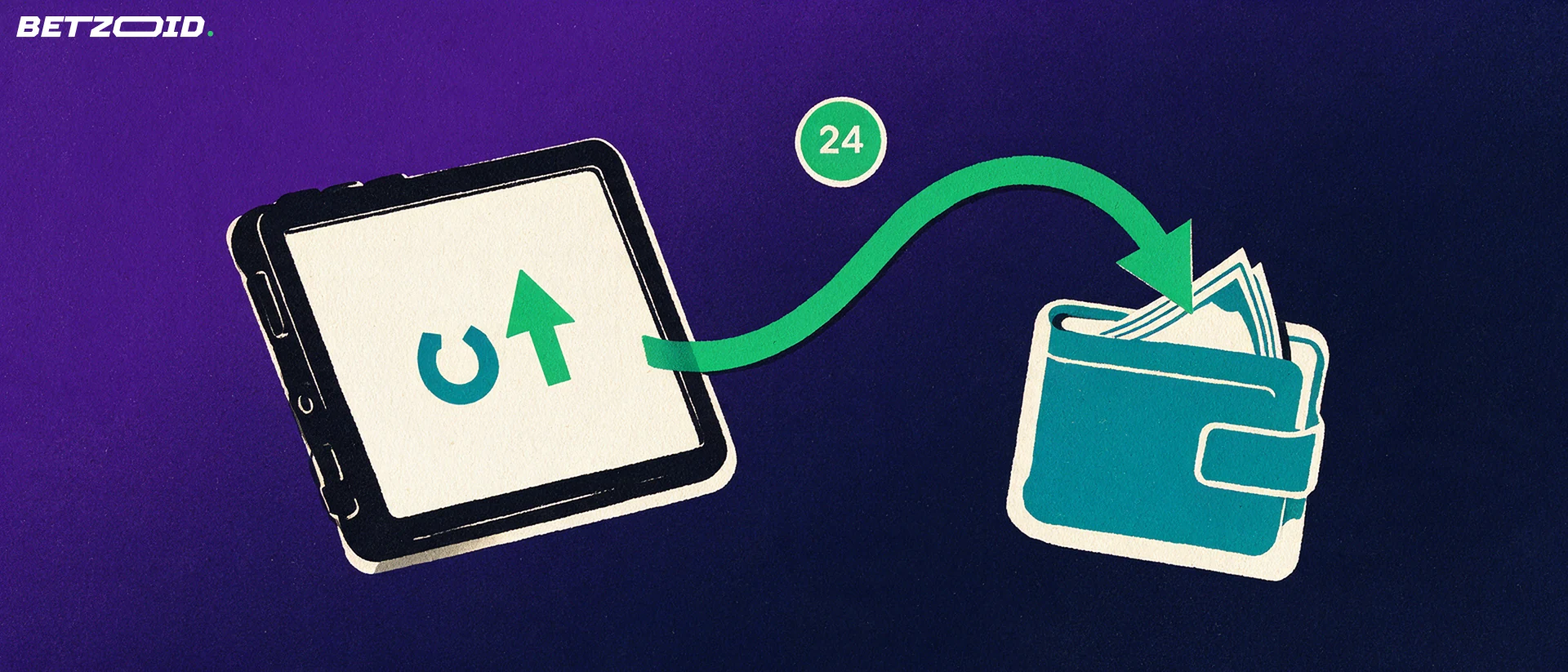 Illustration of a handheld device with sport symbols sending a green arrow into an open wallet, with a small round badge reading 24.