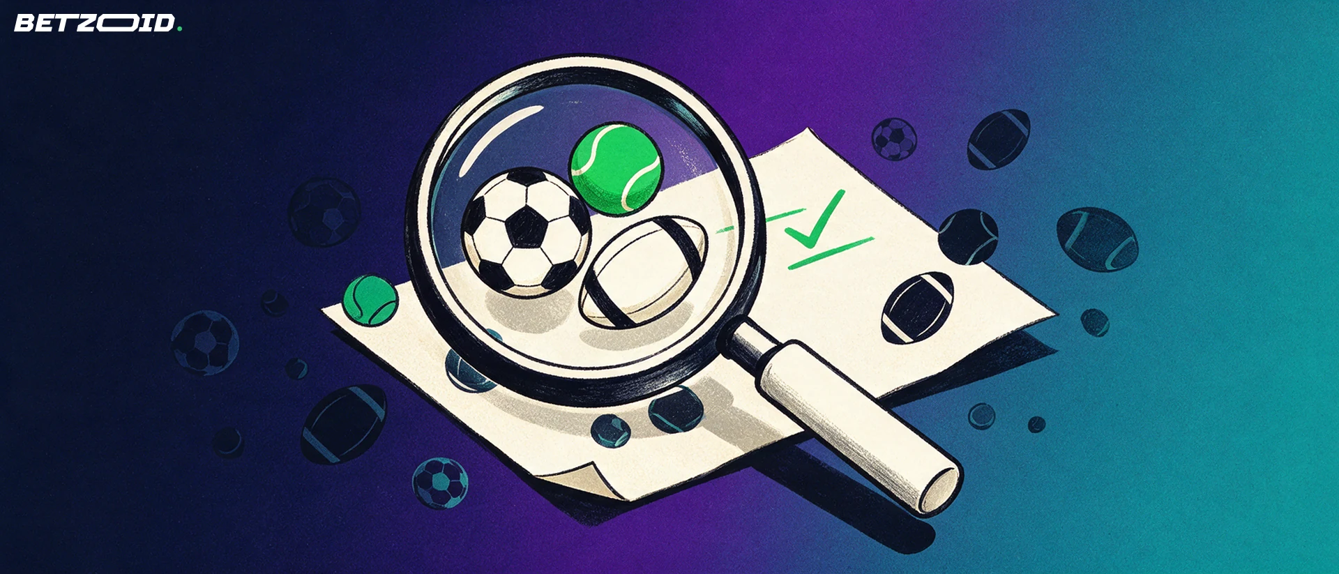 Illustration of a magnifying glass over a paper betting slip, enlarging football, tennis and rugby ball symbols.