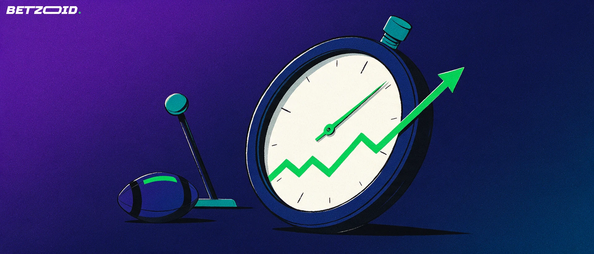 Illustration of a large stopwatch with a rising green arrow line, a lever with a round knob and a football.