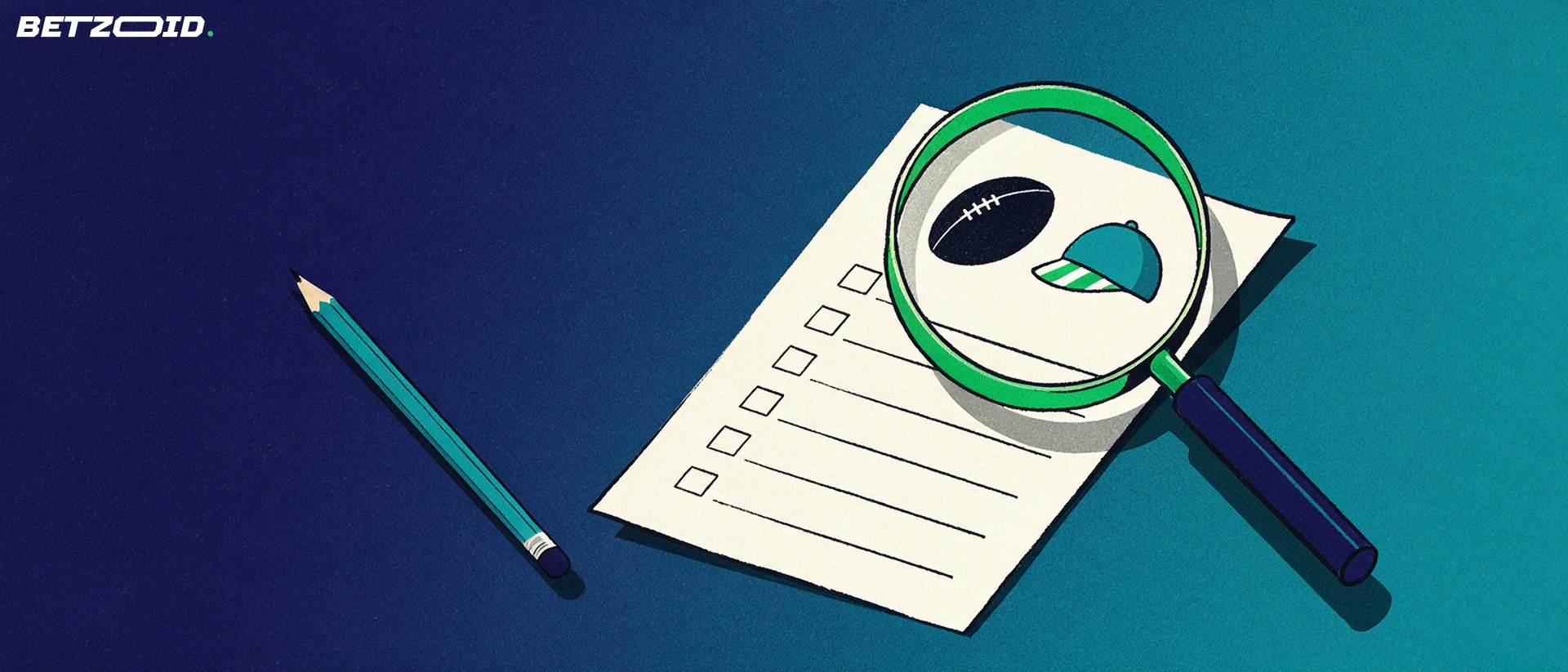 Illustration of a magnifying glass inspecting a blank betting slip marked with an oval football and a jockey's cap icon.