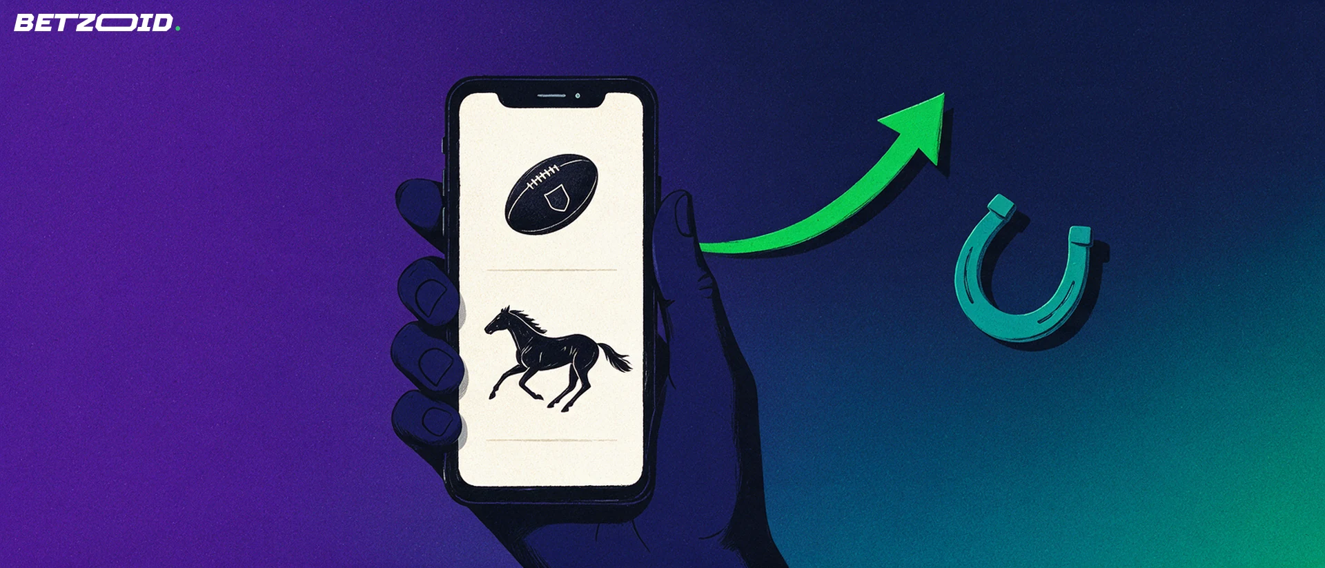 Illustration of a hand holding a phone showing football and horse racing symbols with a green arrow curving upward beside it.