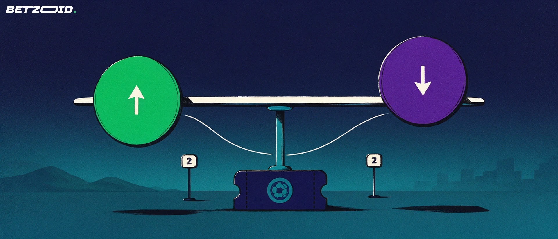 Illustration of a balance beam holding two discs with up and down arrows above a betting slip, symbolising backing and laying on an exchange.