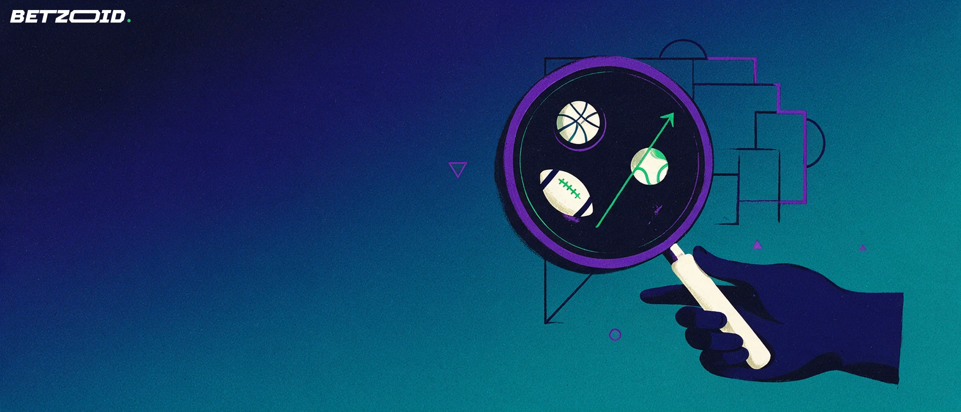Illustration of a magnifying glass inspecting football, basketball and tennis symbols with a rising arrow