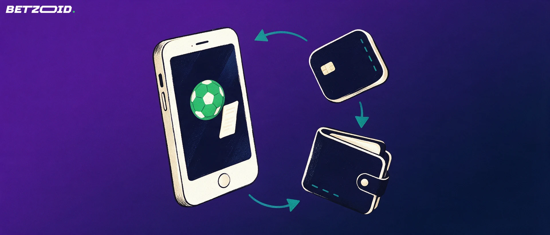 Illustration of a smartphone with a football symbol linked by arrows to a payment card and wallet