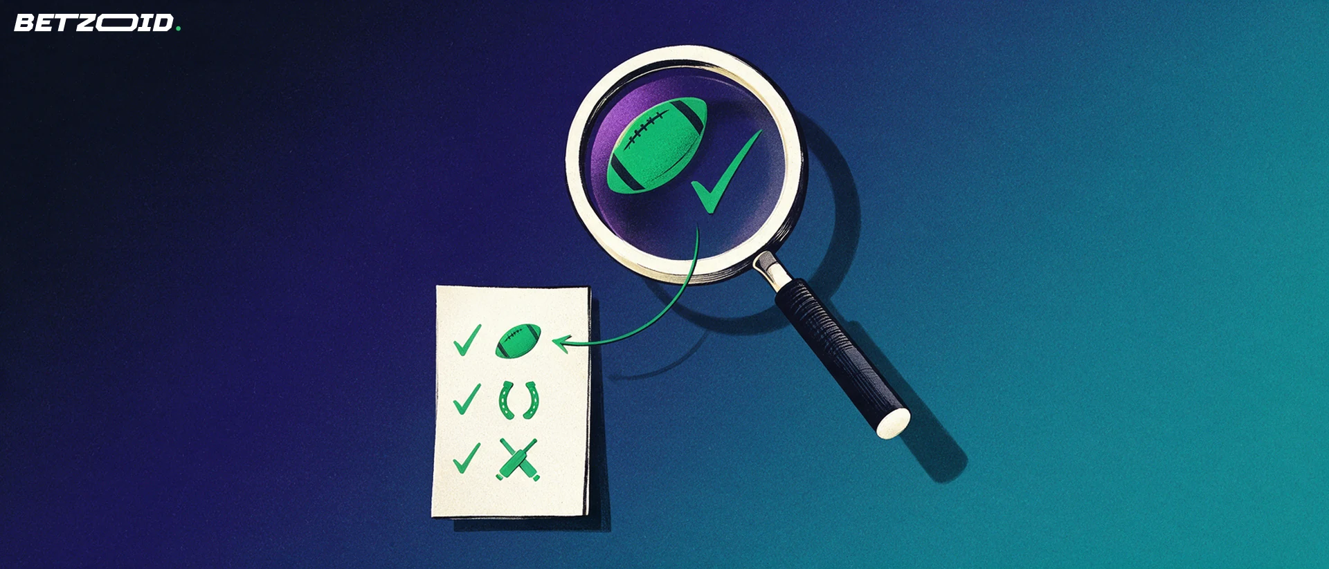 Illustration of a magnifying glass inspecting a paper betting slip marked with small sport symbols and tick marks.