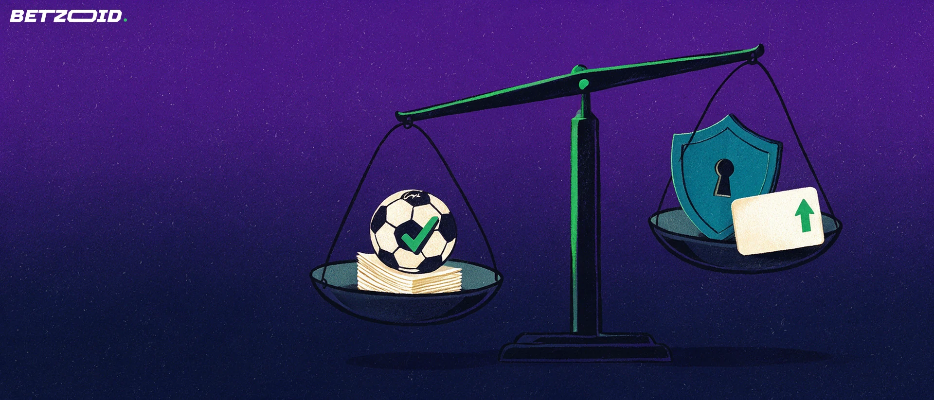 Illustration of a balance scale weighing a stack of betting slips and a football against a keyhole shield and a payment card with an upward arrow.