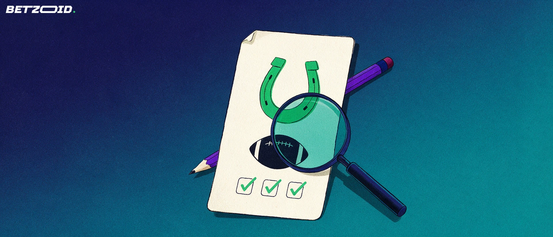 Illustration of a magnifying glass inspecting a betting slip marked with a horseshoe, a football and check marks