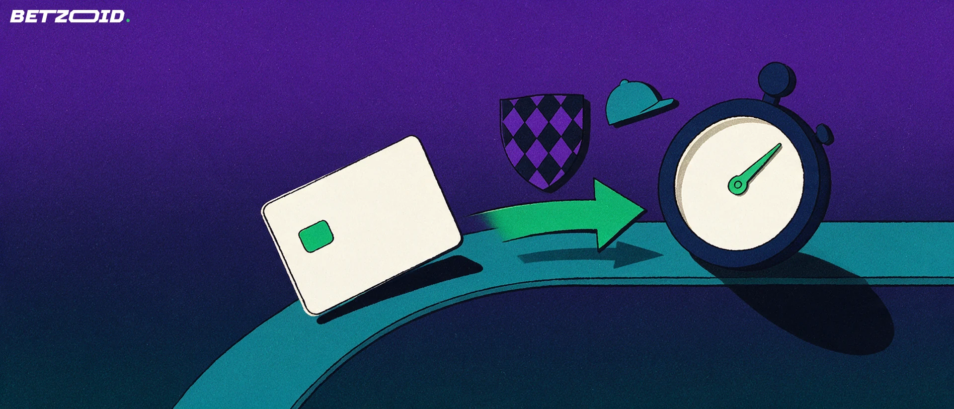 Illustration of a bank card travelling along a curved channel toward a stopwatch, with racing silks and a jockey cap behind