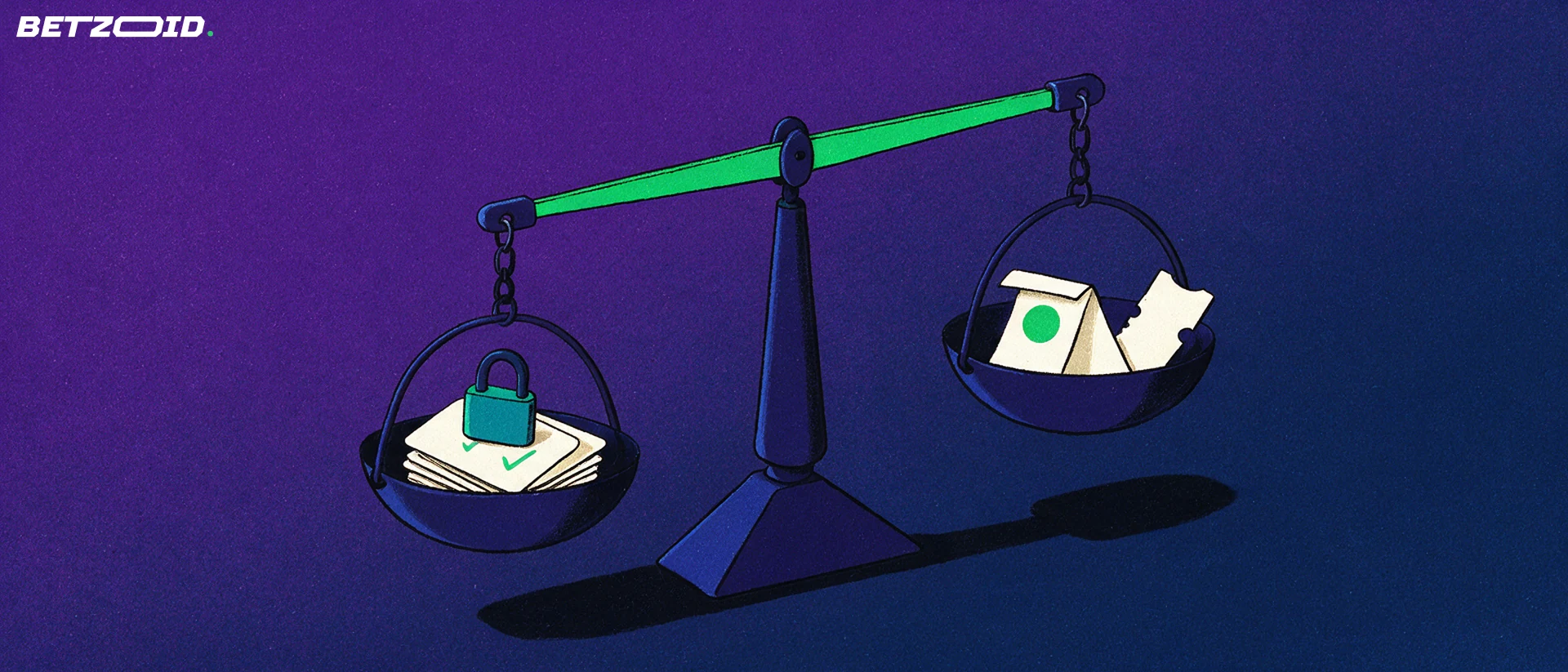Illustration of a balance scale weighing a folded betting slip against a stack of rule cards with check marks and a padlock.
