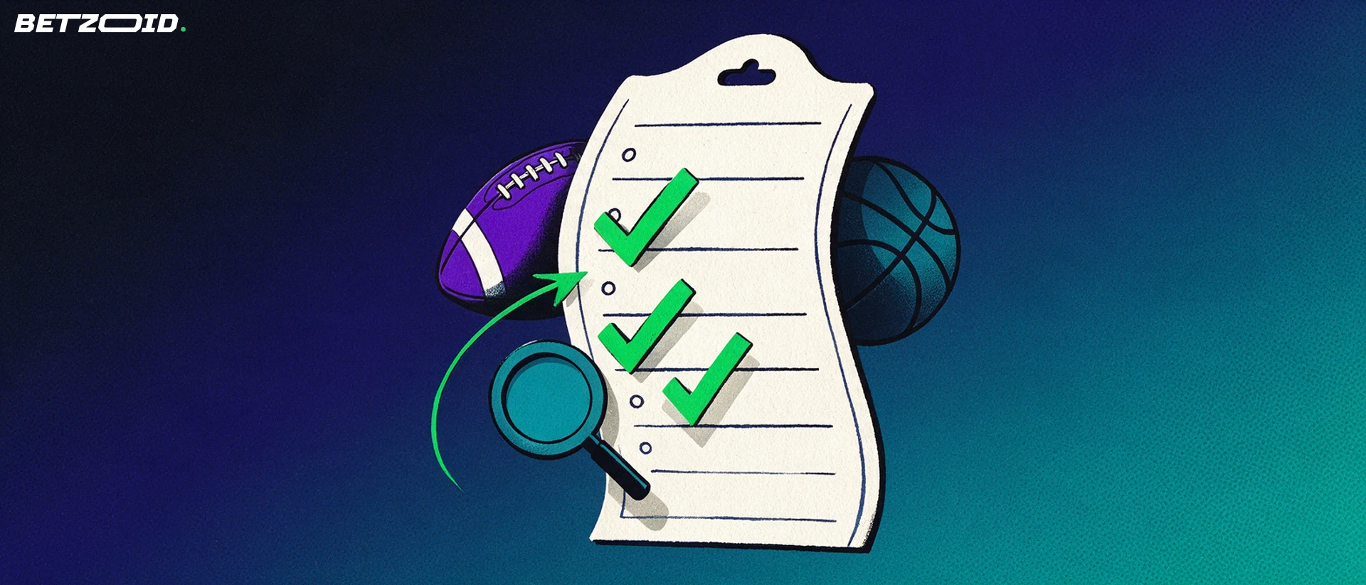 Illustration of a large bet slip shaped checklist with check marks, a magnifying glass and two sports ball silhouettes.