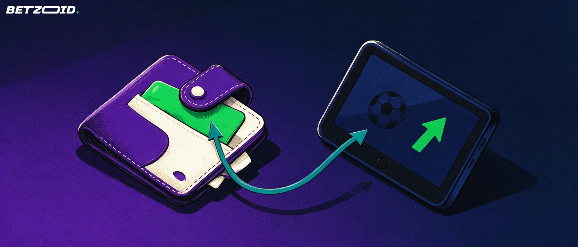 Illustration of an open wallet with a card connected by a curved arrow to a handheld device showing a football symbol.