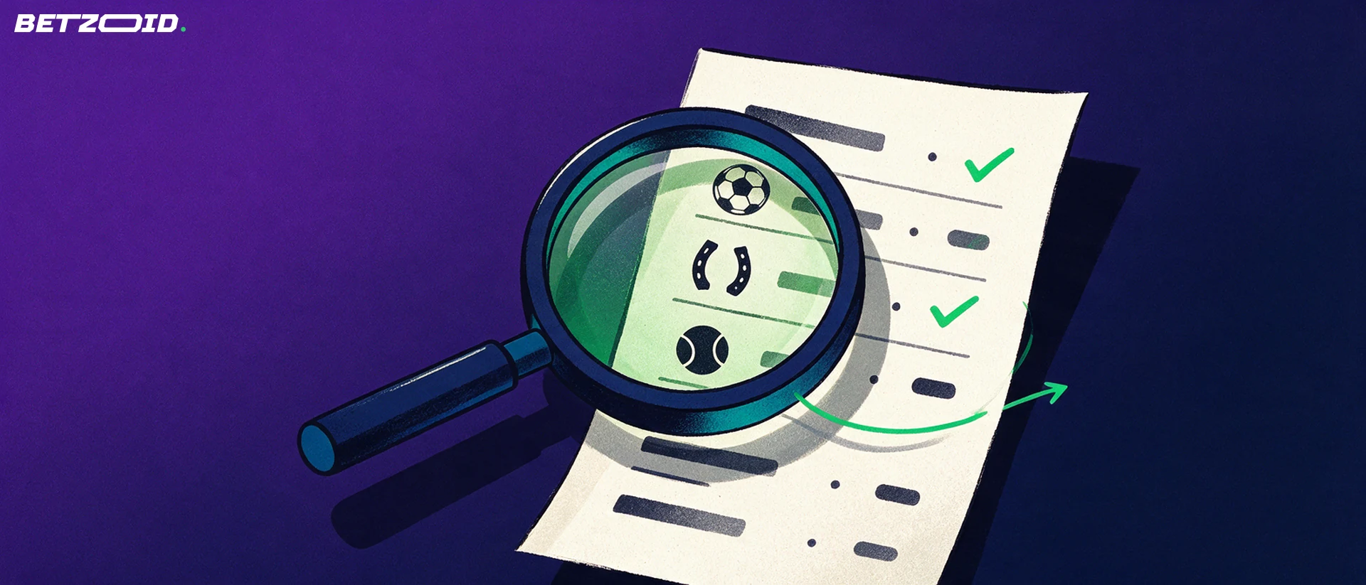 Illustration of a magnifying glass inspecting a betting slip marked with football, horseshoe and tennis ball symbols.