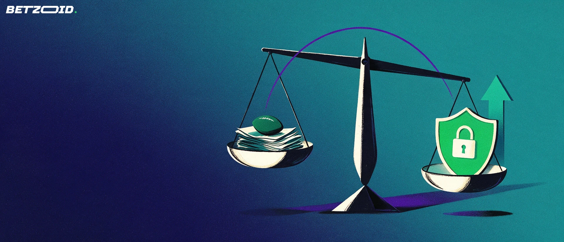 Illustration of balance scales weighing a stack of betting tickets and a football against a shield with a padlock and an upward arrow.