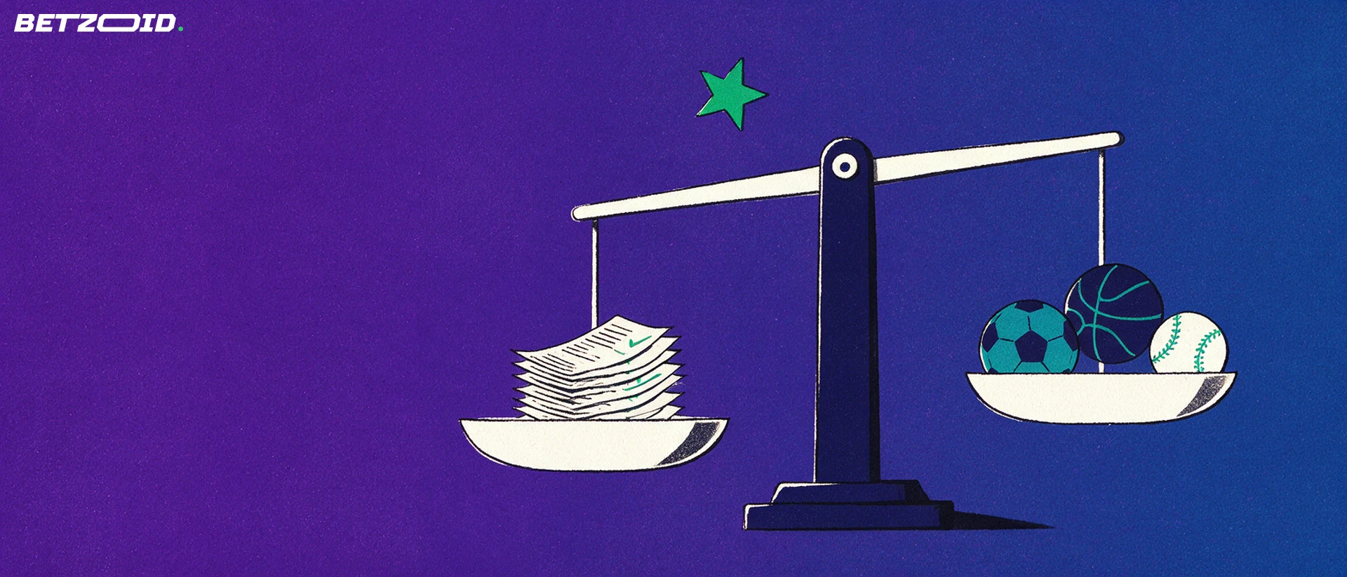 Illustration of a balance scale weighing a stack of betting slips against sport balls, with a single star above the pivot.