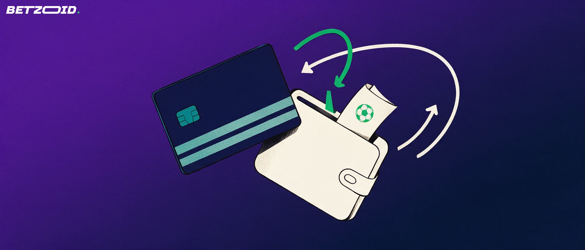 Illustration of a plain payment card, a wallet holding a small betting slip, and two looping arrows showing money flowing in and out.