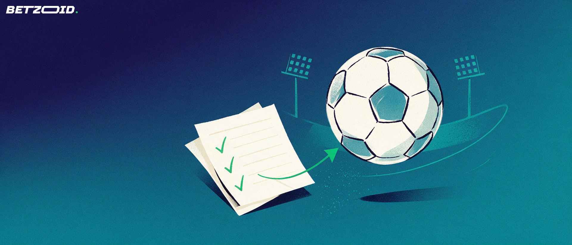 Illustration of a football beside a folded betting slip with check marks, with stadium floodlights and a curved pitch line in the background.