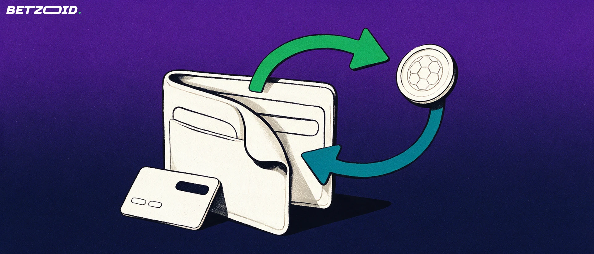 Illustration of an open wallet with two curved arrows forming a deposit and withdrawal loop, a plain card and a token marked with a football symbol.
