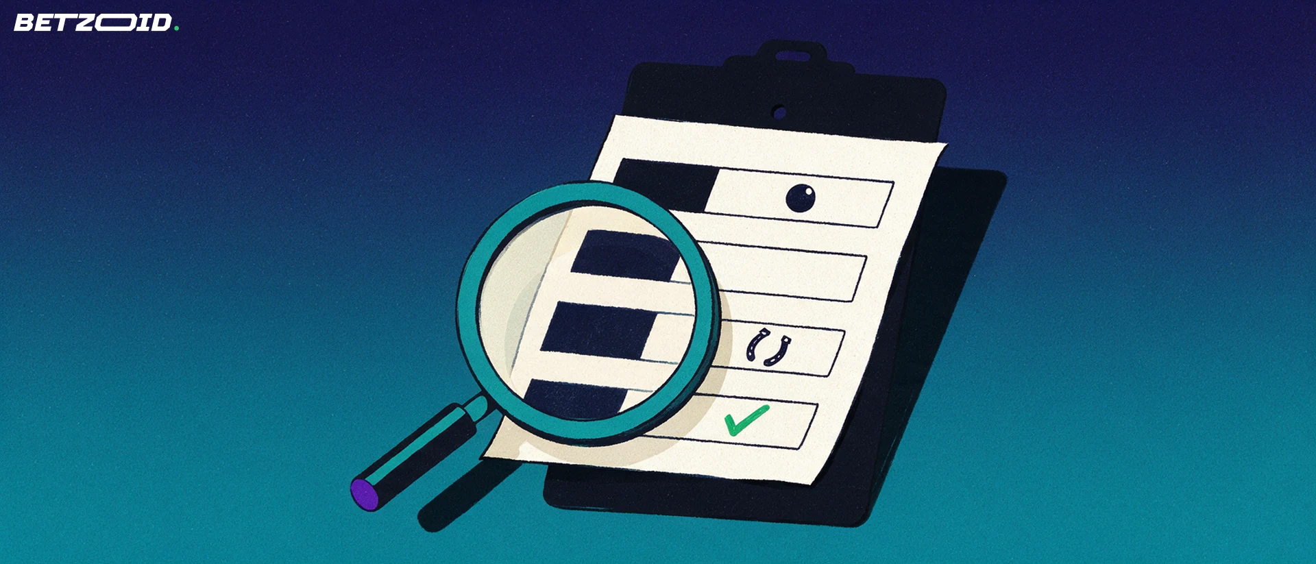 Illustration of a magnifying glass examining a large paper sports betting slip with ball and check-mark symbols on a clipboard