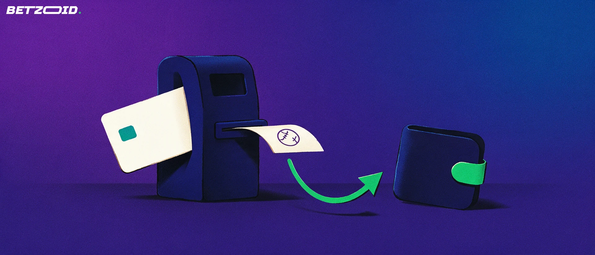 Illustration of a payment card entering a terminal that prints a sports betting ticket, with a green arrow looping back into a wallet