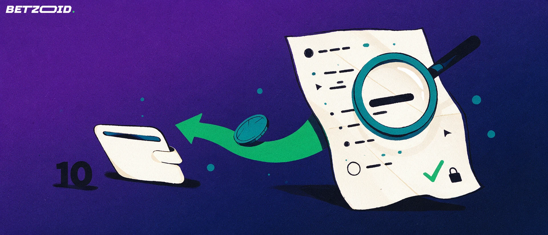 Illustration of a magnifying glass inspecting a folded terms document while a green arrow moves a single coin into a wallet.