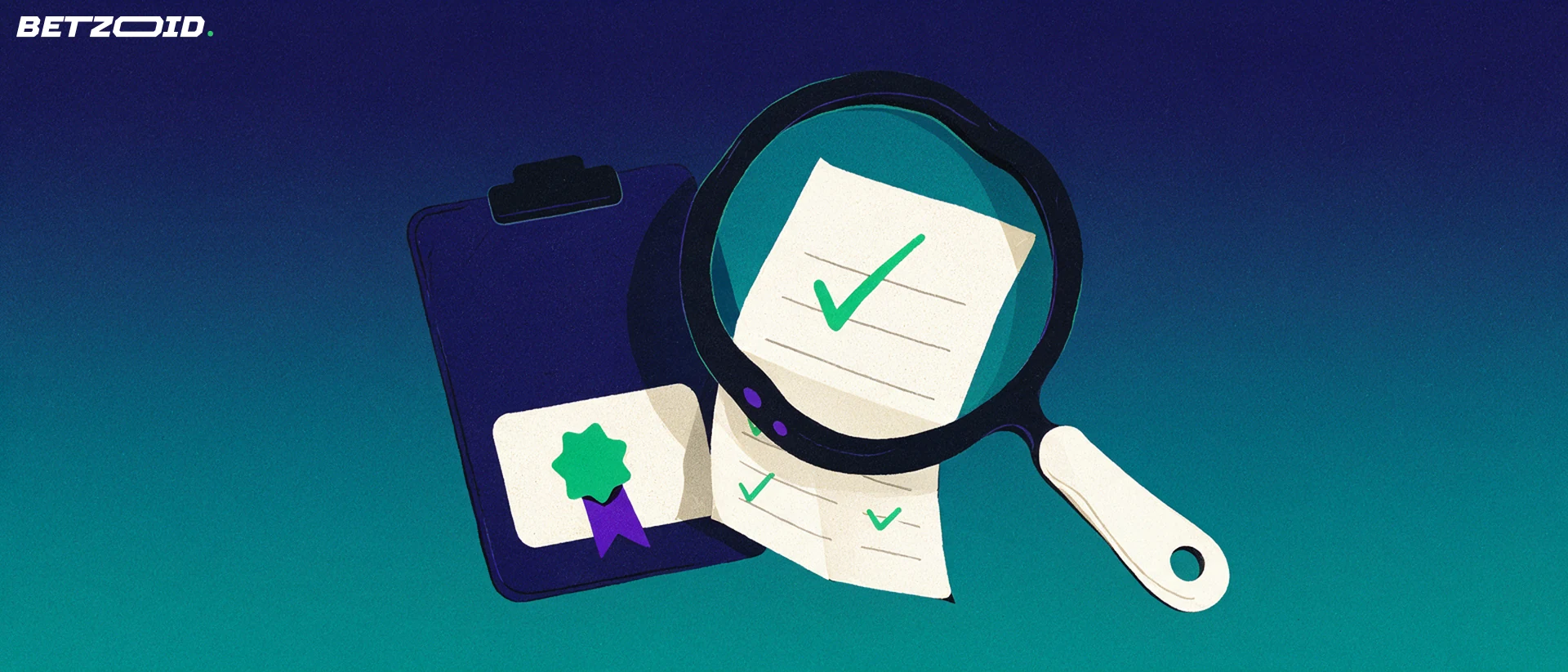 Illustration of a magnifying glass examining a paper betting slip with tick marks beside a clipboard with a star seal.
