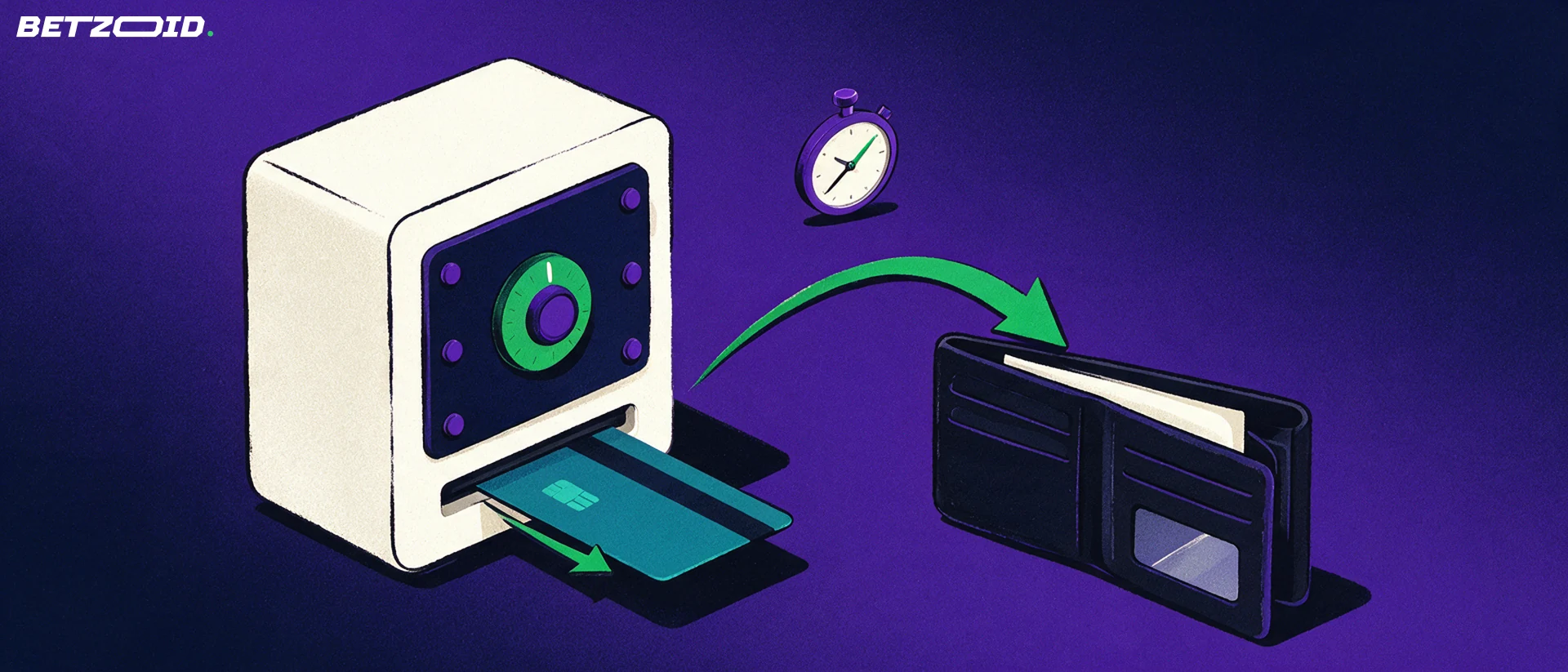 Illustration of a payment card entering a cashier safe and an arrow curving out to an open wallet beside a stopwatch.