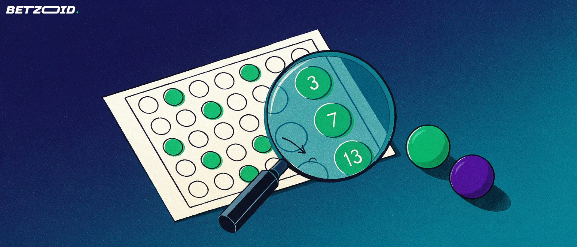 Illustration of a magnifying glass inspecting a lottery coupon with marked number circles and two lottery balls