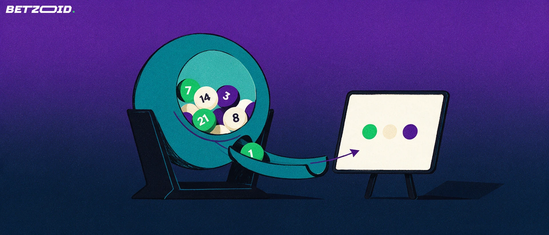 Illustration of a lottery draw drum releasing a numbered ball through a chute into a tablet screen showing plain circles