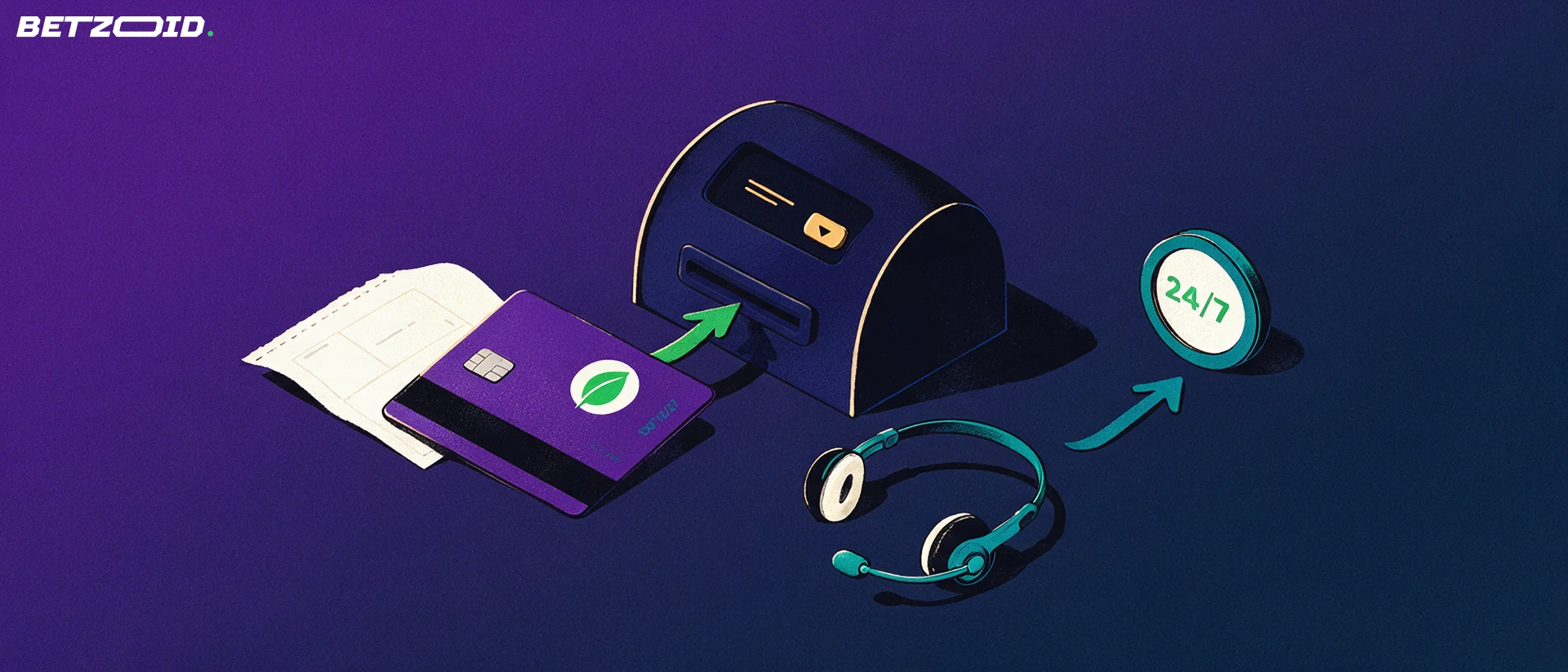 Illustration of a payment card entering a deposit terminal with arrows, a support headset and a badge reading 24/7